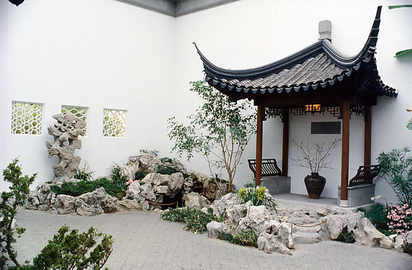 The Astor Chinese Garden Court, Taihu rocks, granite terrace, ceramic tile flooring, roof tiles, and door frames, various woods (nan wood columns, pine beams, gingko latticework), brass fittings, China